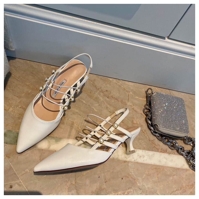 Teräväkärkinen ohut kantapää sandaalit naisten slingback kengät med heel pump naisten mekko kenkä kapea nauha nilkkanauha sandaalit: Valkoinen / 8.5