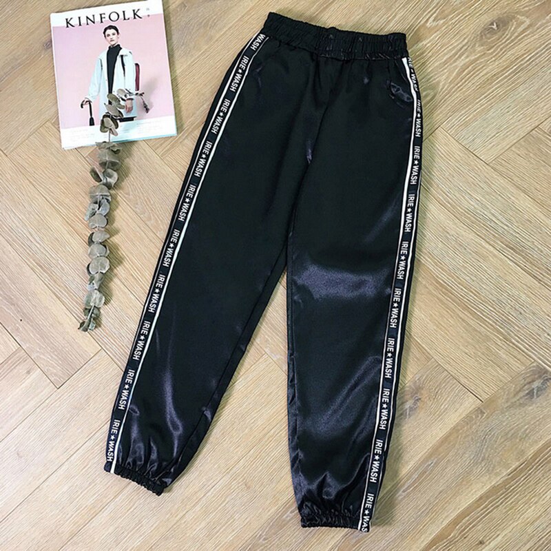 Pantalones deportivos informales para mujer, pantalones elásticos de cintura suelta con cordón, pantalones de gimnasia a rayas para mujer, pantalones elásticos para correr: black 2 / L