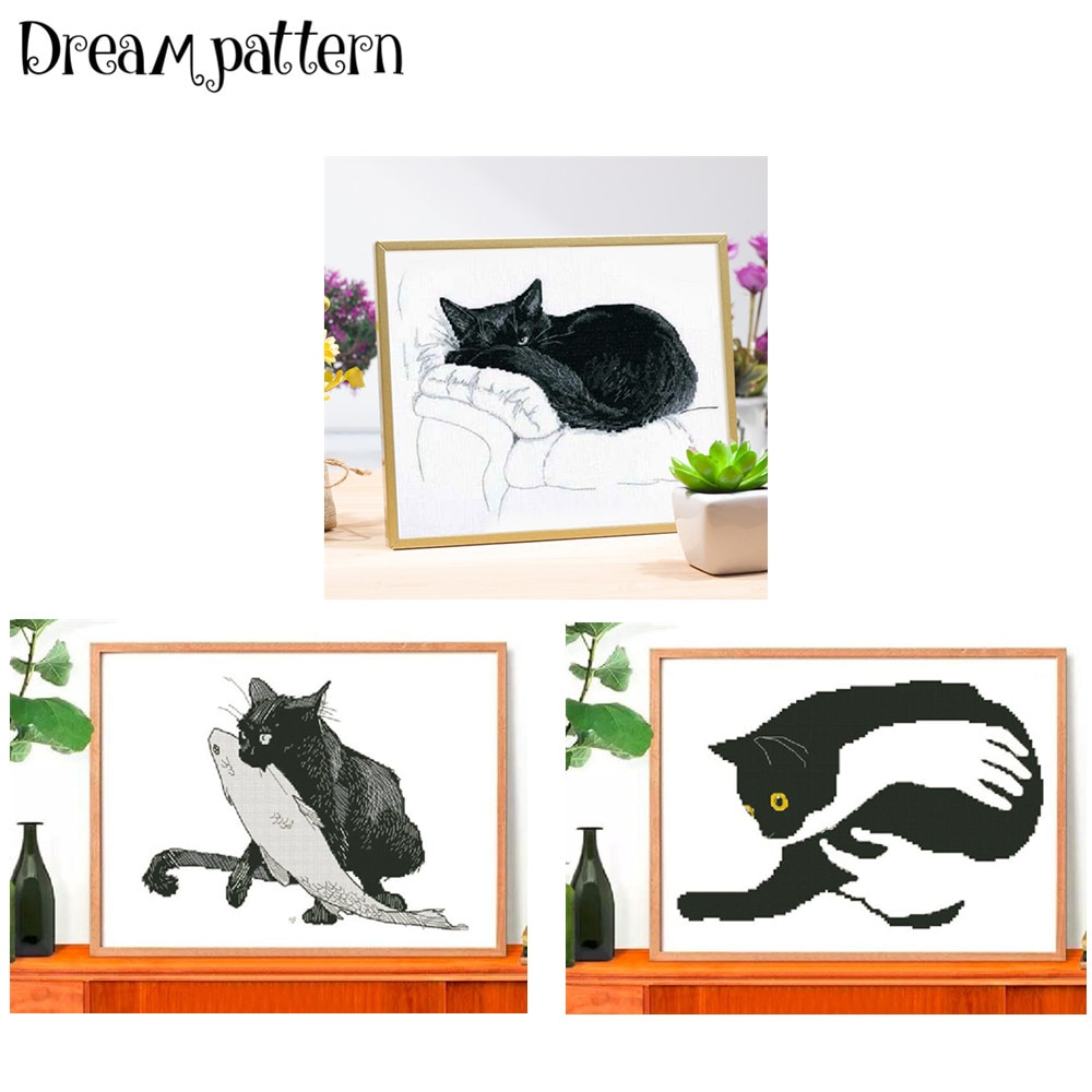 Paquet point de croix sur le canapé | Chat noir 18ct 14ct 11ct, tissu, fil de coton brodé couture