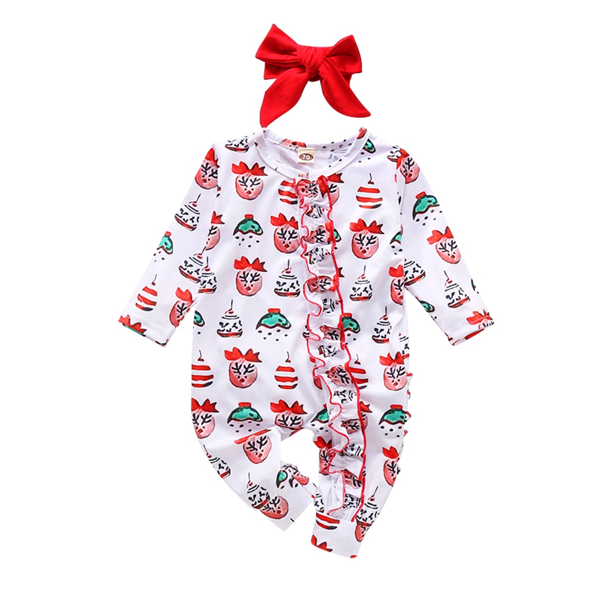 FOCUSNORM Christmas Baby Girls Boys Romper Autumn Clothes Long-Sleeves Cartoon Print Single Breasted Jumpsuits Red Bow Headband