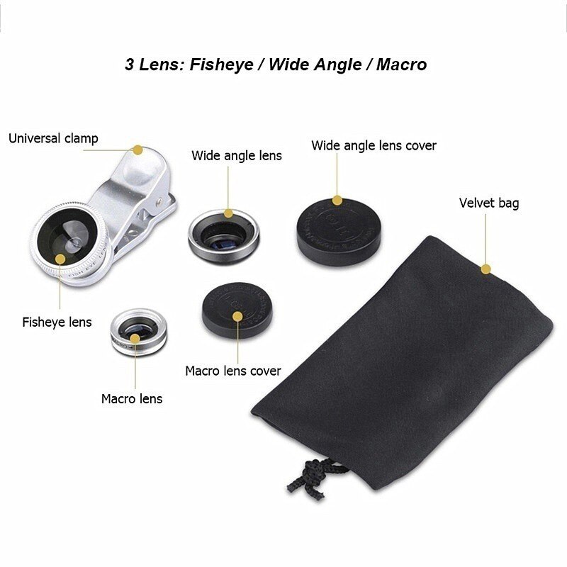 3 In 1 Universal Fish Eye Lens Camera Kits Photography Wide Angle Macro for IPhone Samsung Smartphone Mobile Phone Accessories