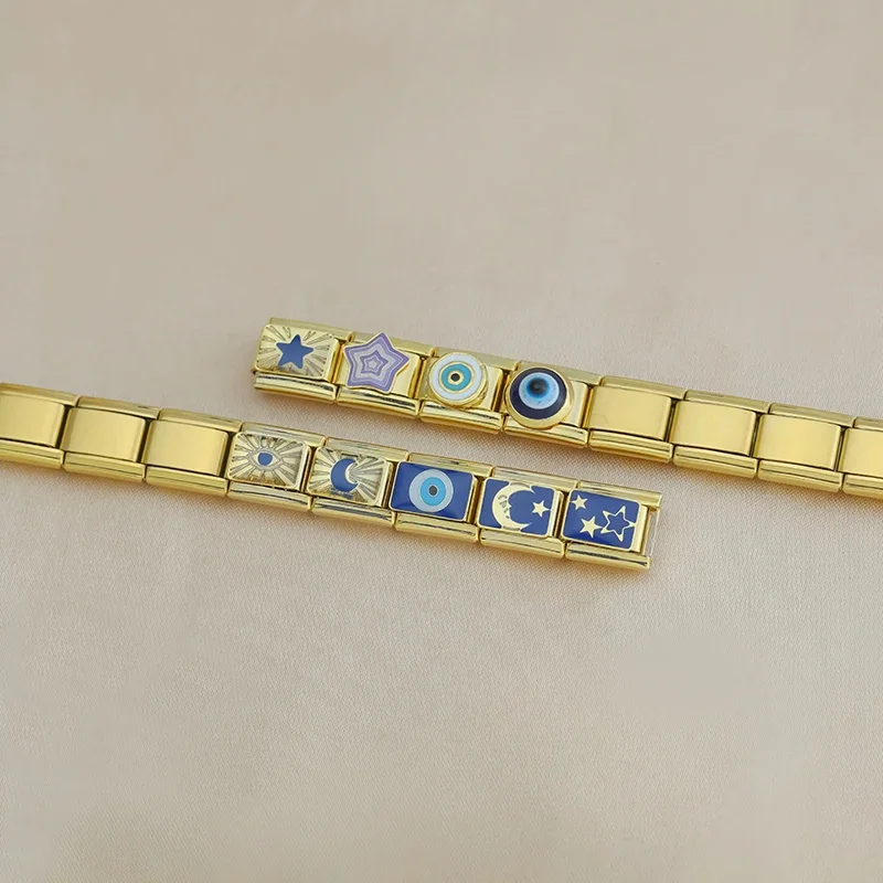 Hapiship, , 2024, Luna, estrella, ojo, dorado, italiano, eslabones aptos para pulsera de acero inoxidable de 9mm, joyería al por mayor DJ1373-A