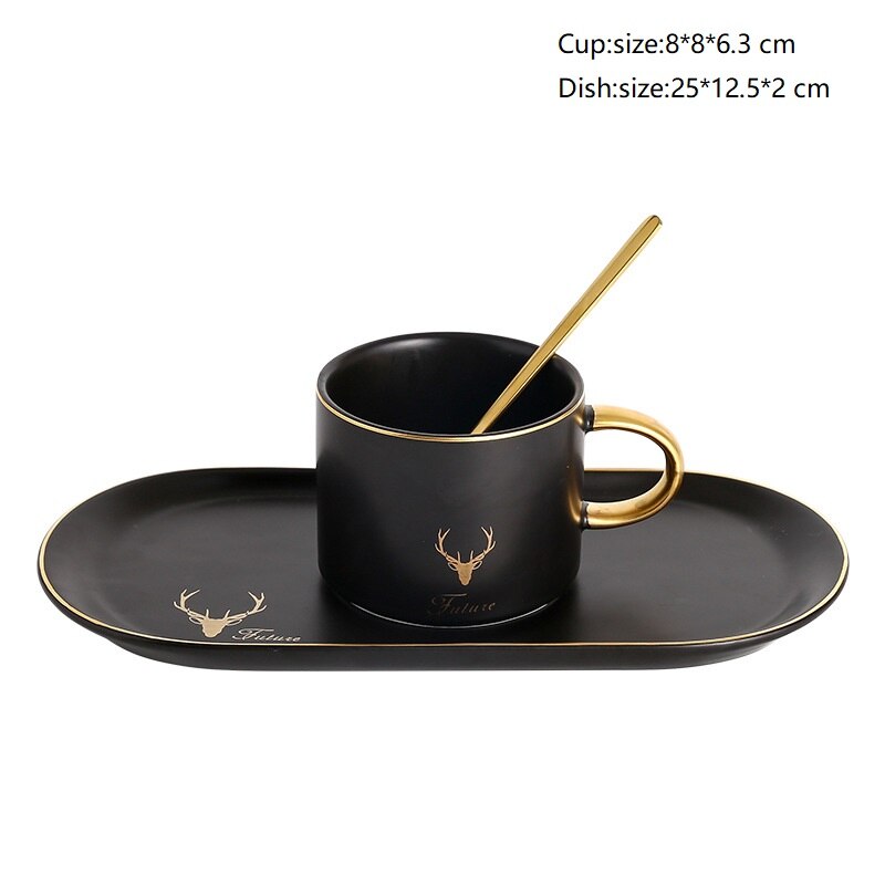 Keramiske elg kop underkop sæt med ske kaffe omrøring kop farve glasur mælk morgenmad krus kiks dessert bakke køkken drikkevarer: A-sort