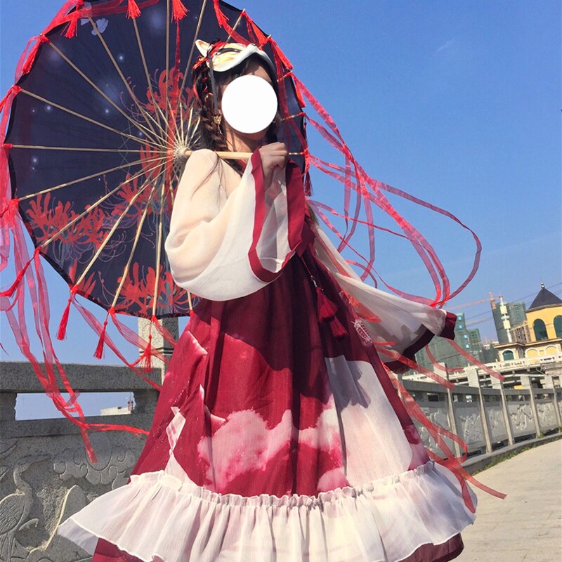 Vestido lolita para mujer, manga larga, gasa negra/roja, disfraces dulces, ropa lolita japonesa kawaii, vestido lolita gótico  vo786