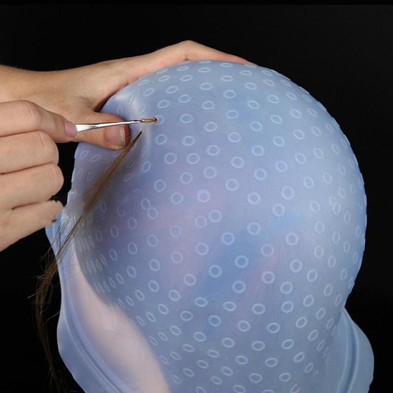 1 Set Pro Silicone Dye Hair Cap with Needle Coloring Highlighting Reusable Hair Color Caps Hat DIY Hair Dyeing Styling Tool
