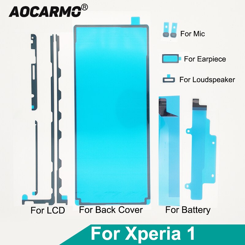 Aocarmo para SONY Xperia 1 / XZ4 J9110 X1, conjunto completo, adhesivo frontal LCD, parte trasera, pegatina, batería, micrófono, auricular, cinta adhesiva