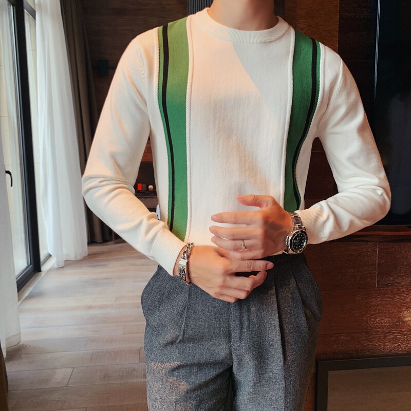 Brittisk stil höst vinter tröja herr långärmade tröjor herr stickade tröjor patchwork färg o-neck pull homme: Vit / Asiatisk  l 58-65kg