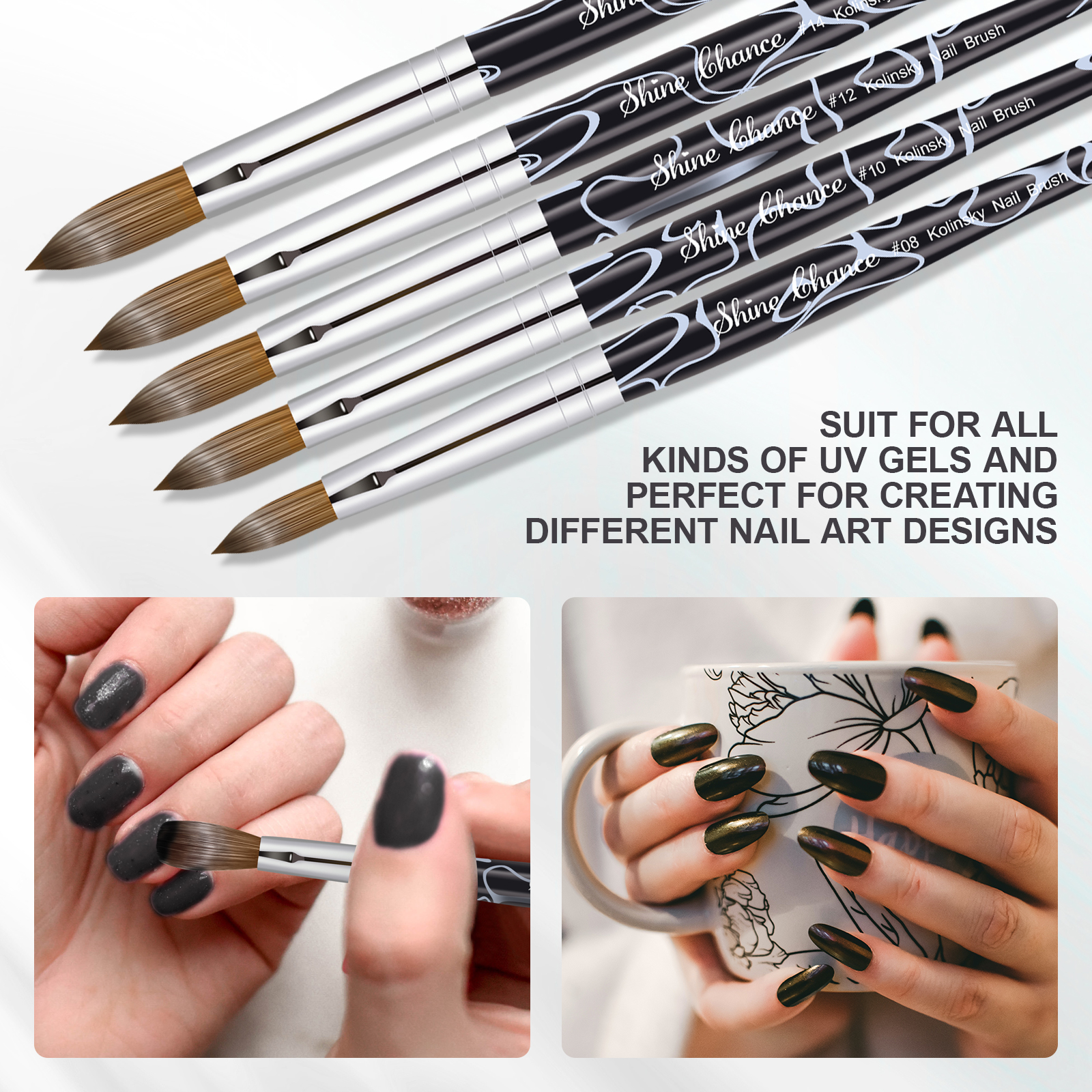 Shine Chance Pincel acrílico para decoración de uñas, cepillo ovalado para uñas de pelo Kolinsky para aplicación acrílica, extensión de uñas