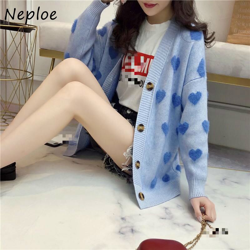 Neploe love heart print brodert genser kvinner søt single breasted langermede gensere femme myk løs damejakke