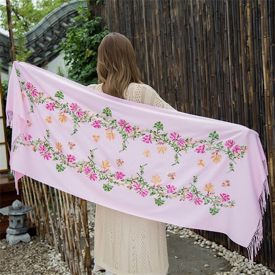 Borduren Bloemen Sjaal Vrouwen Kasjmier Katoen Viscose Sjaals Soild Plain Borduur Sjaals Moslim Kwasten Hijaabs GP02: Roze