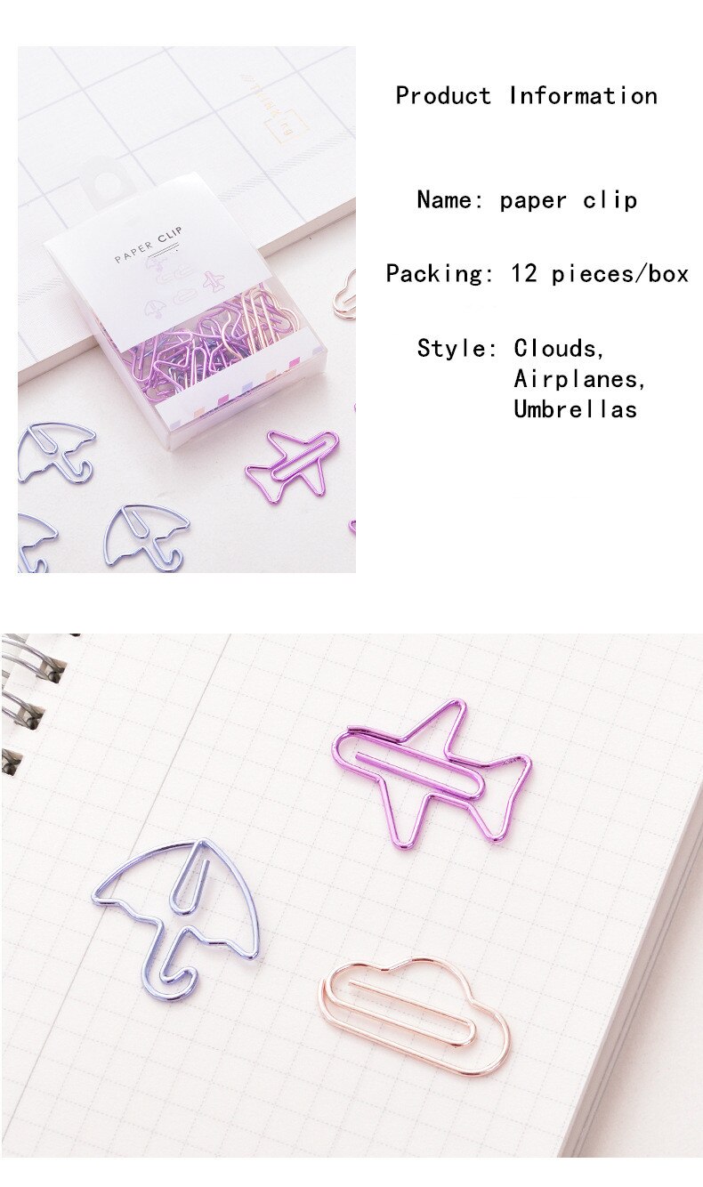 12pcs/box Cartoon Shape Paper Clips Notes DIY Bookmark Metal Binder Clips Notes Letter Paper Clips Bookmarks: 12pcs