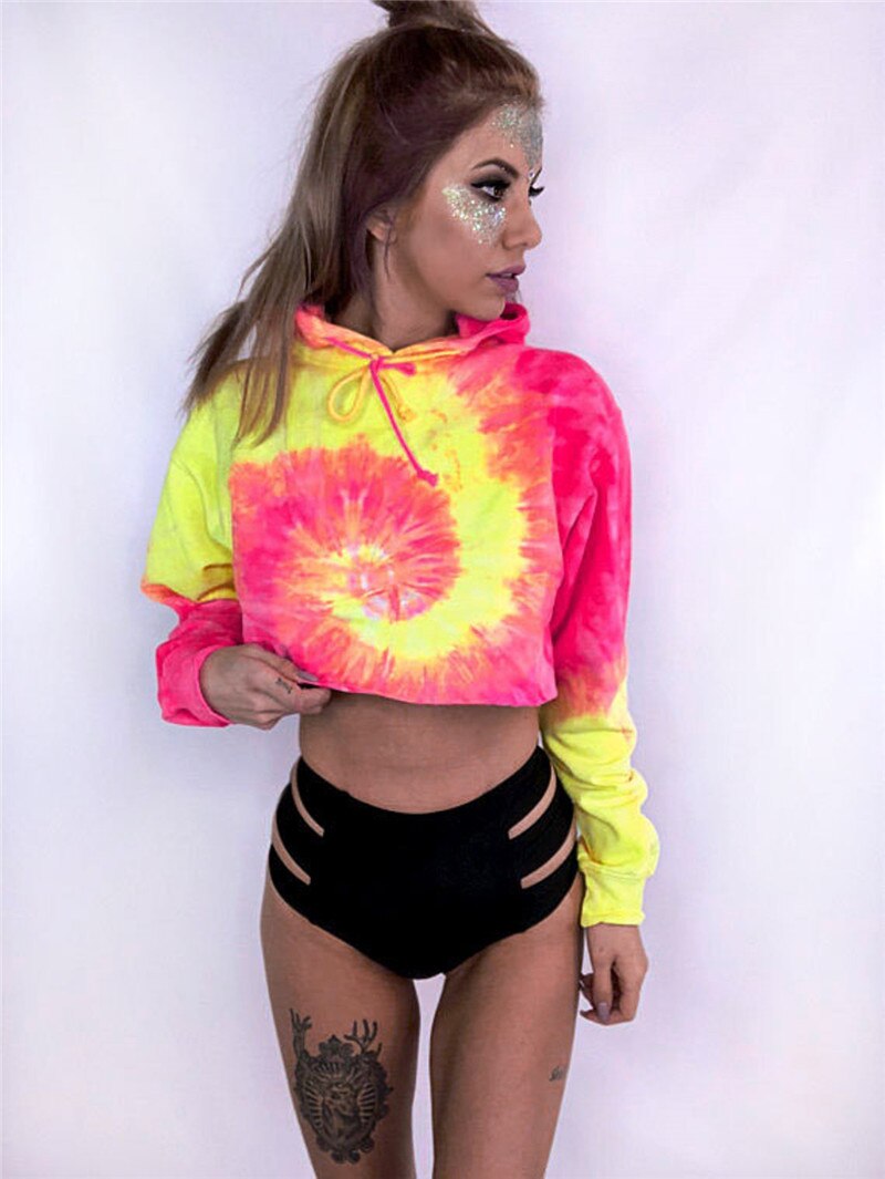 Delle donne Breve Tie Dye Hoodie Felpe A Manica Lunga con Coulisse Casual Stile Pullover Delle Signore Con Cappuccio Felpe