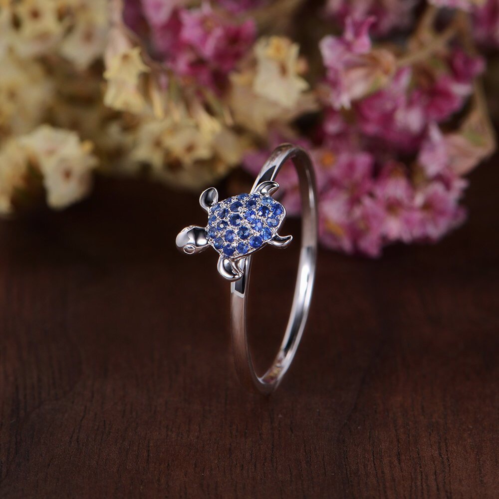 Anillos tortuga con incrustaciones de circonita azul a la para mujer anillo de boda Vintage tortuga Animal anillo océano playa joyería