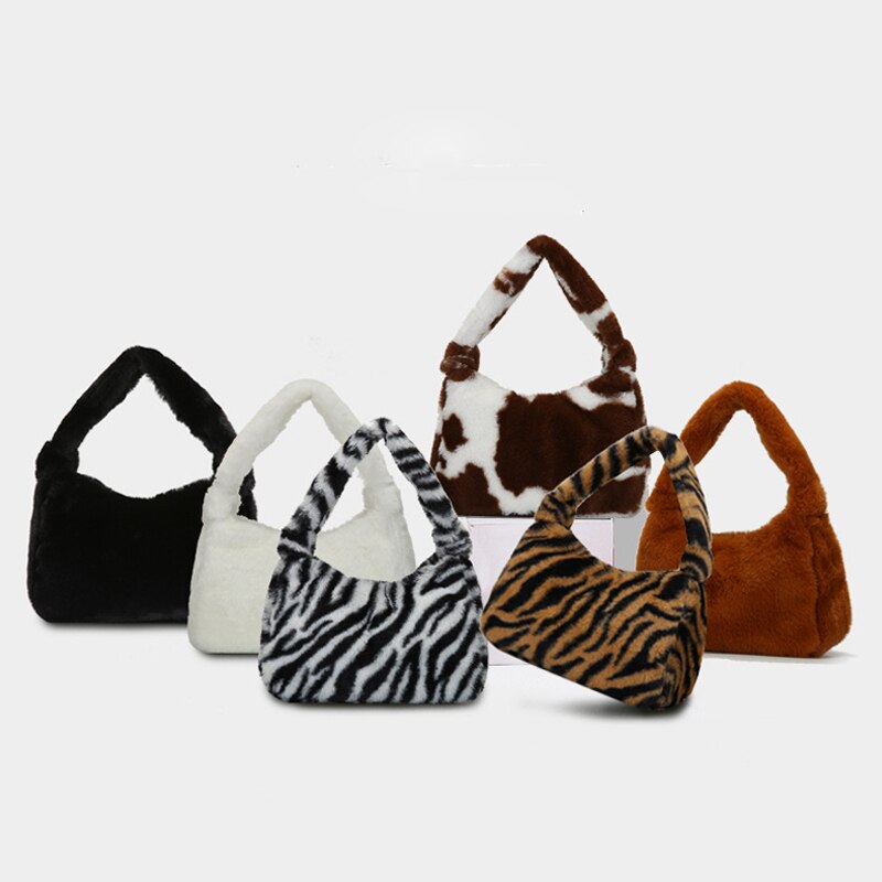 årgang leopardmønster kvinner underarmsveske fuskepels damer hobos små skuldervesker plysj kvinnelige vesker