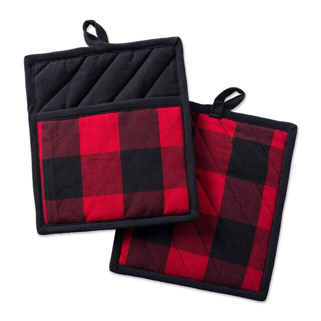 2PCS Buffalo Check Pot Holders Cotton Potholders Buffalo Plaid Cloth Gloves Pocket Set Kitchen Collection Check Plaid Set: Red Black