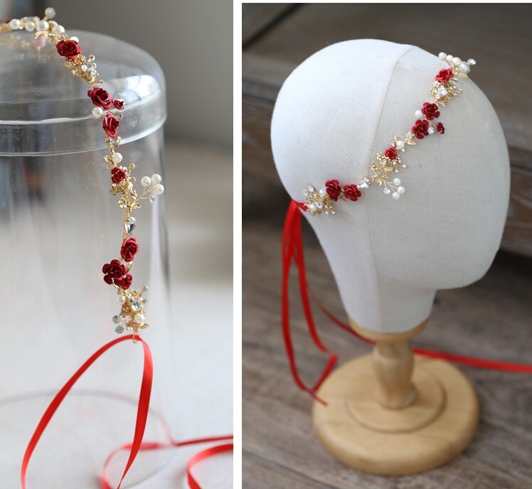 Dower Me Rode Bloemen Bruids Haar Accessoires Hoofdband Goud Bruiloft Haar Kam Accessoires Vrouwen Prom Hoofddeksel Sieraden