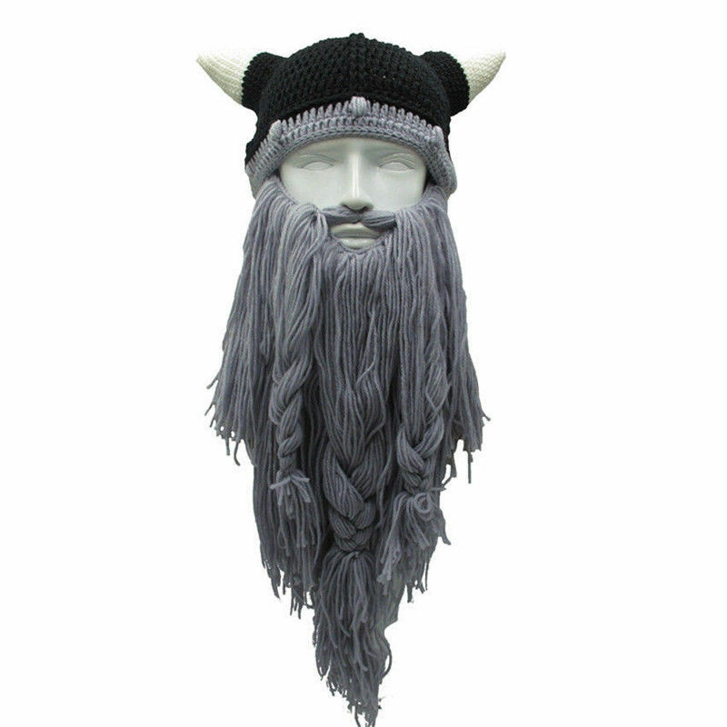 Hirigin Funny Crazy Cosplay Men Knit Viking Beard Horn Hat Ski Mask Cap Barbarian Vagabond Cool Beanie Winter Warm Unisex Hat