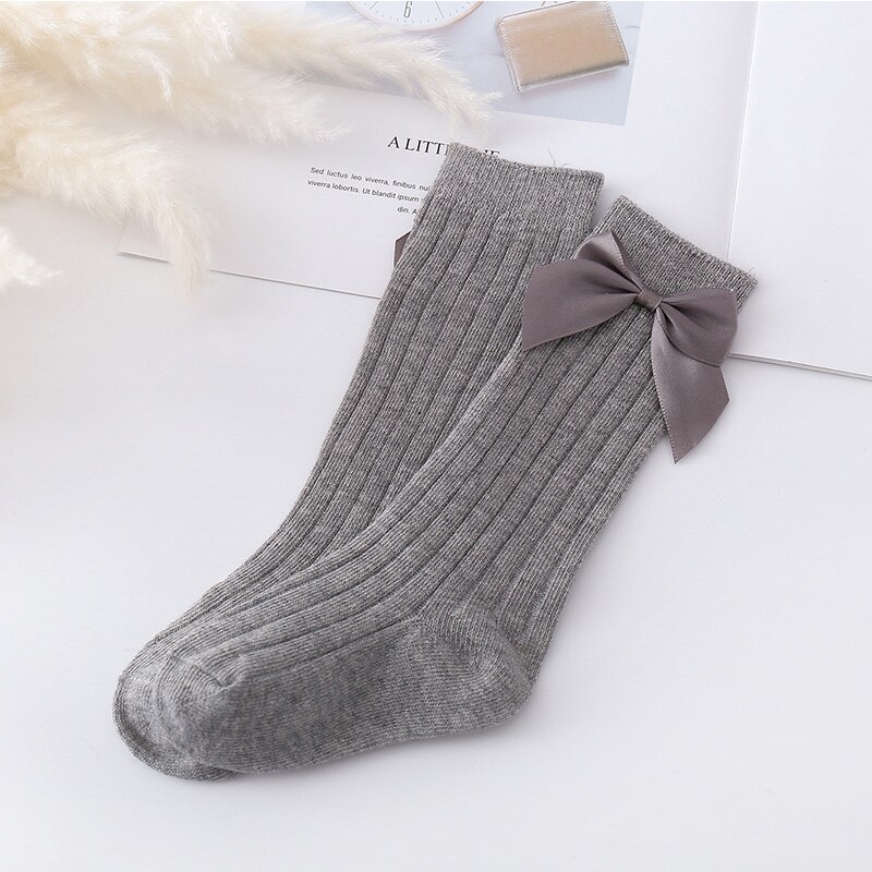 Bowknot bebê meias de algodão macio crianças do bebê da menina do joelho meias altas cor sólida princesa primavera outono crianças da criança meias longas: light grey