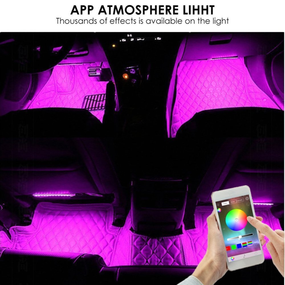 Auto LED Strip Verlichting, aukora Bluetooth App Controller Interieur Verlichting Voor Auto 48 LEDs Multi Kleur Muziek Auto Strip Licht