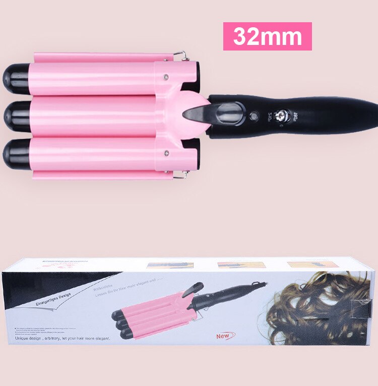 Pro 25-32m Automatic Perm Splint Ceramic Hair Curler Triple Barrels Big Wave Hair Curling Iron Hair Waver Curlers Styling Tools: Pink 32mm