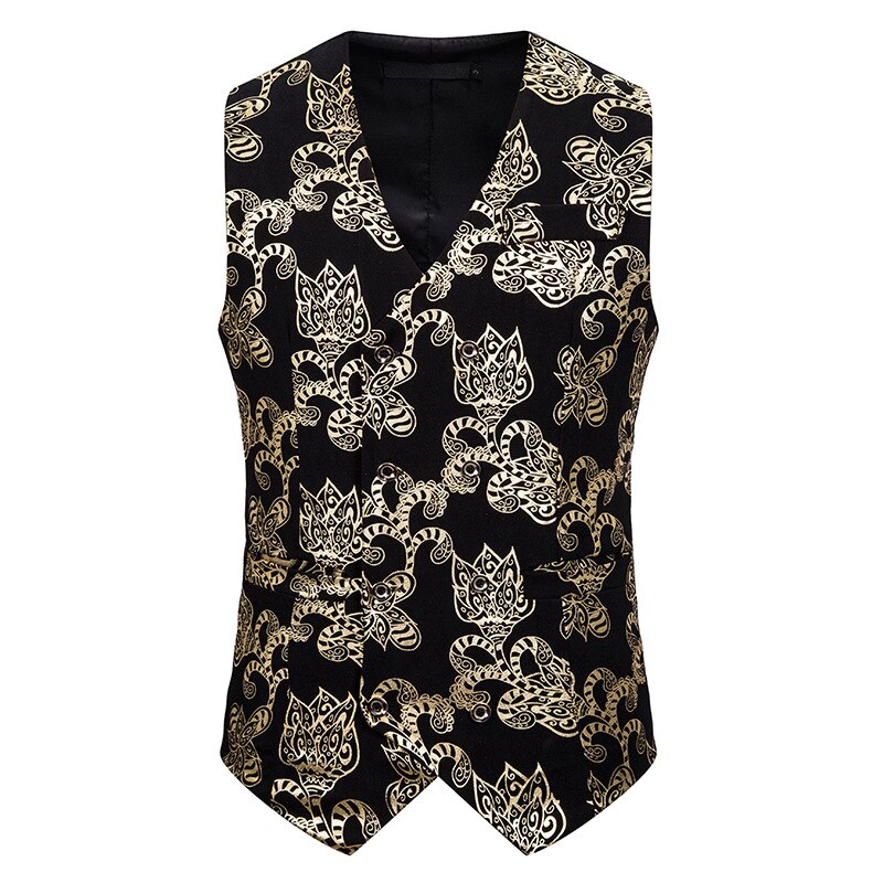 Glimmende gouden bloemenprint vest heren, dubbelrijs slim fit mouwloos vest heren clubfeest gala gilet kostuum heren 2x