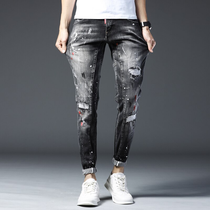 Skinny jeans mænd revet jeans til elastisk maling slanke bukser herretøj hip hop streetwear forår efterår dybgrå