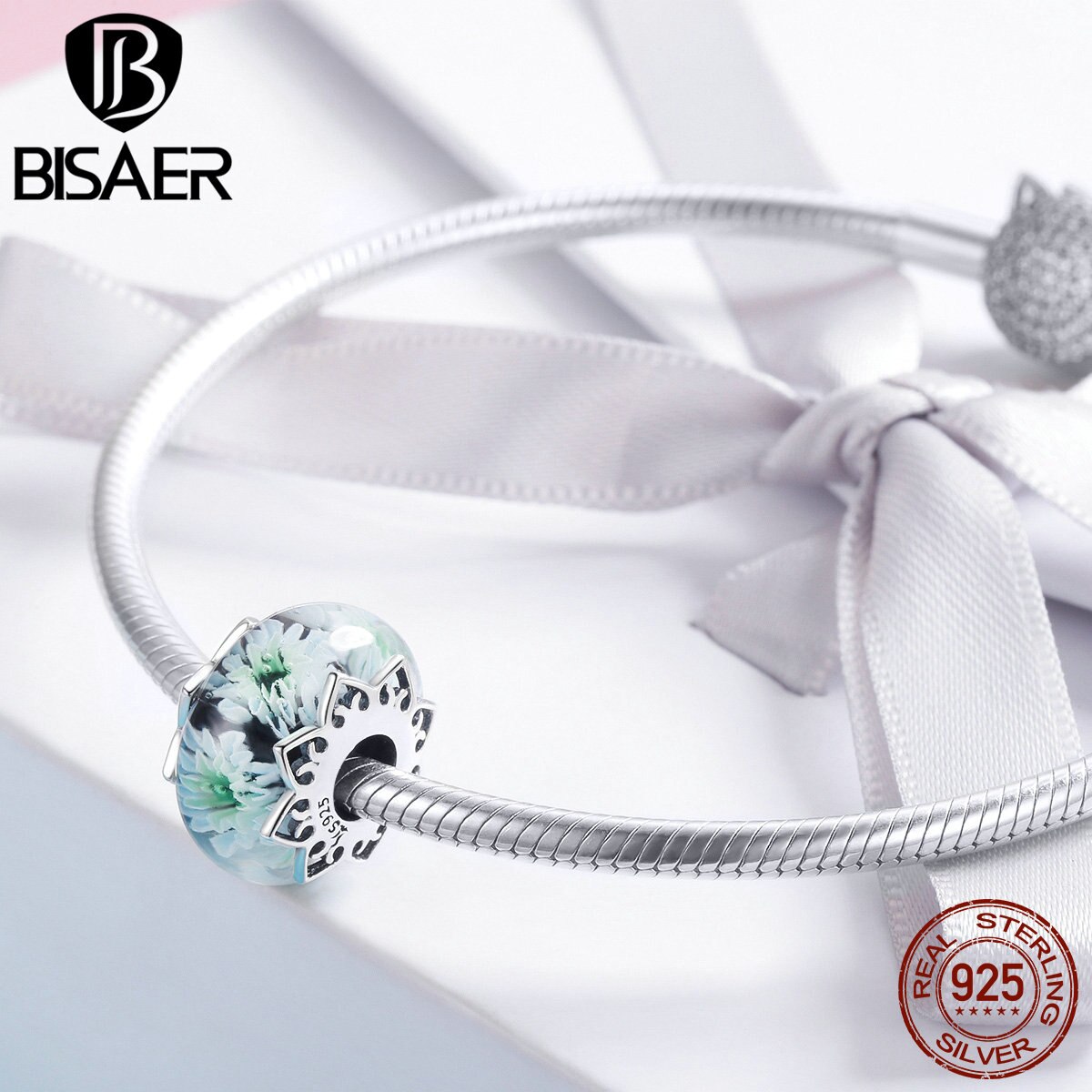 Cuentas de cristal europeas BISAER de Plata de Ley 925 con forma de flor Cyan de gran , pulseras con colgantes DIY, fabricación de joyas ECC1011