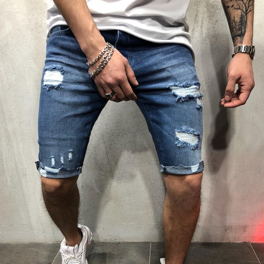 Denim Trousers with Holes and Slim Fit Men’s Pans Blue Denim Men’s Trousers Casual Shorts: M