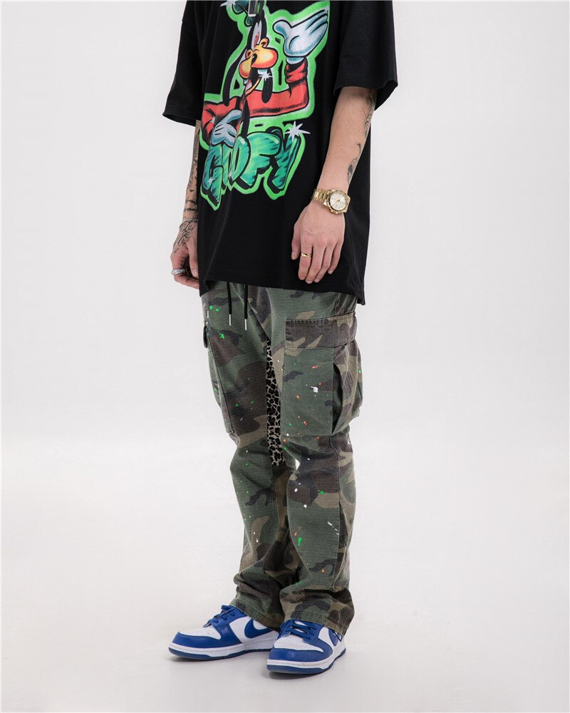 Pantalones de estilo Hip Hop para hombre, pantalón masculino de estilo Hip Hop, con estampado de camuflaje y salpicaduras, ropa de calle de bolsillo, pantalones para correr