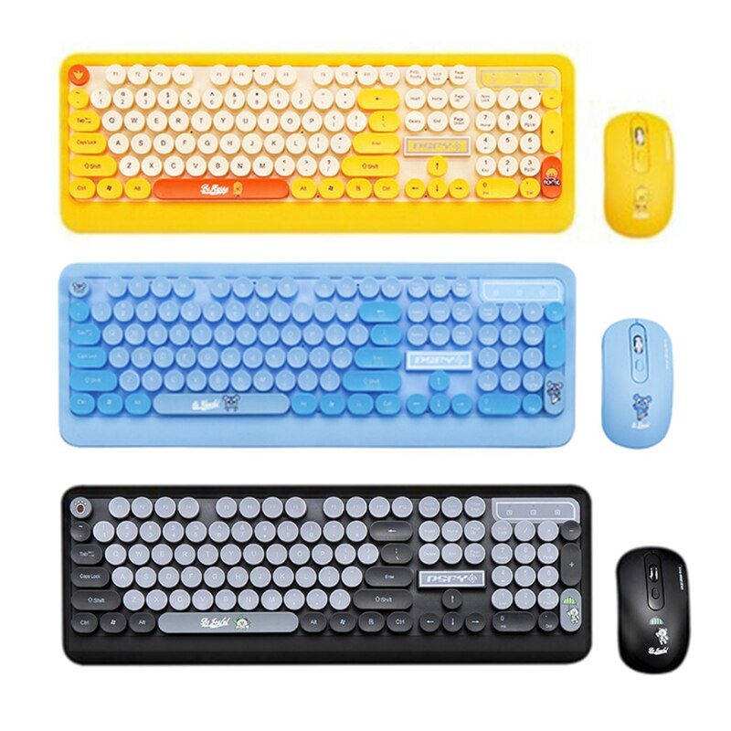 Juego de teclado inalámbrico con dibujos animados para ordenador, teclado redondo Retro, ratón, receptor USB para PC y portátil, 1 Set