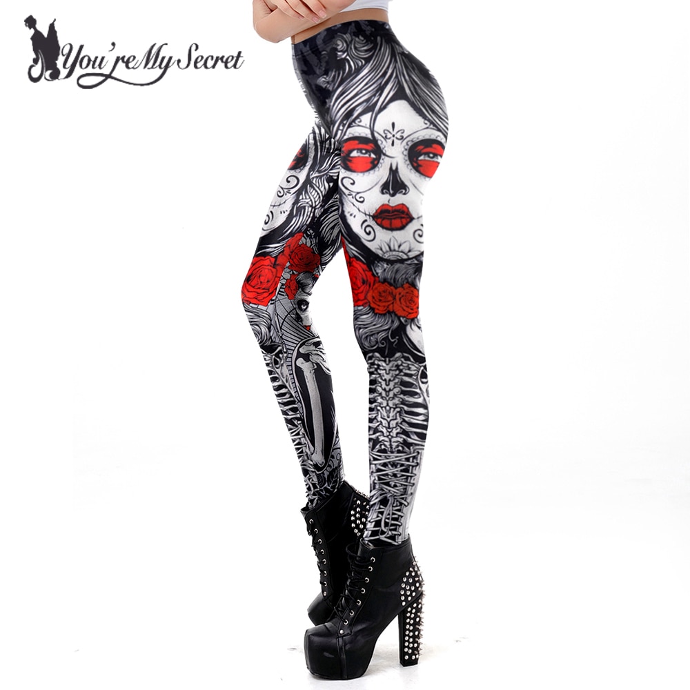 [Je Mijn Secret] Fitness Legging Horror Schedel Gedrukt Leggings Voor Vrouwen Rose Sterkte Broek Halloween party Wear