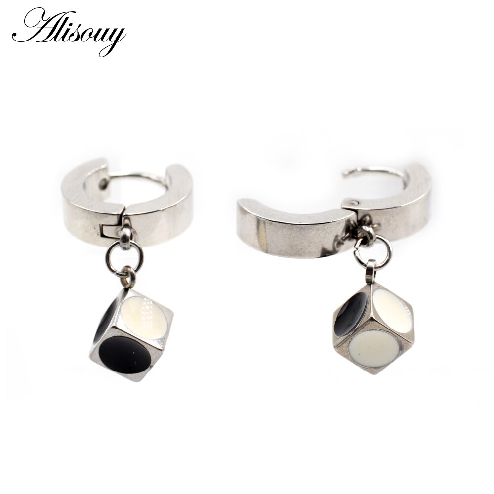 Alisouy 2 Stuks Punk Rvs Stud Huggie Hoop Oorbellen Voor Vrouwen Mannen Cube Vierkante Dice Dangle Oorbellen Hiphop Goth oorbellen