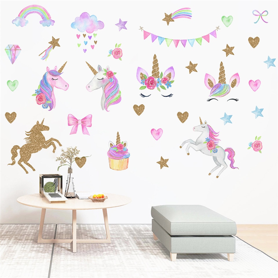 Roze Cartoon Eenhoorn Muursticker Voor Kinderkamer Nursery Decoratie Behang Waterdicht Diy Regenboog Decal Home Decor Muurschilderingen
