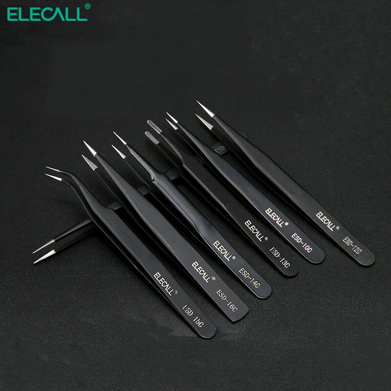 Anti-static Tweezer ESD Stainless Steel Tweezers Maintenance Tools Industrial Precision Curved Straight Tweezers DIY: 7pcs