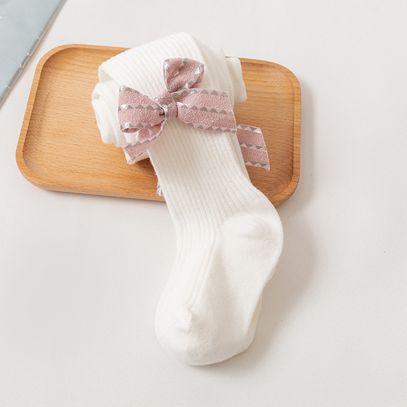 Winter Warm Baby Panty Met Bogen Zachte Katoen Effen Kleur Kinderen Panty Zachte Elastische Baby Peuter Kousen: white