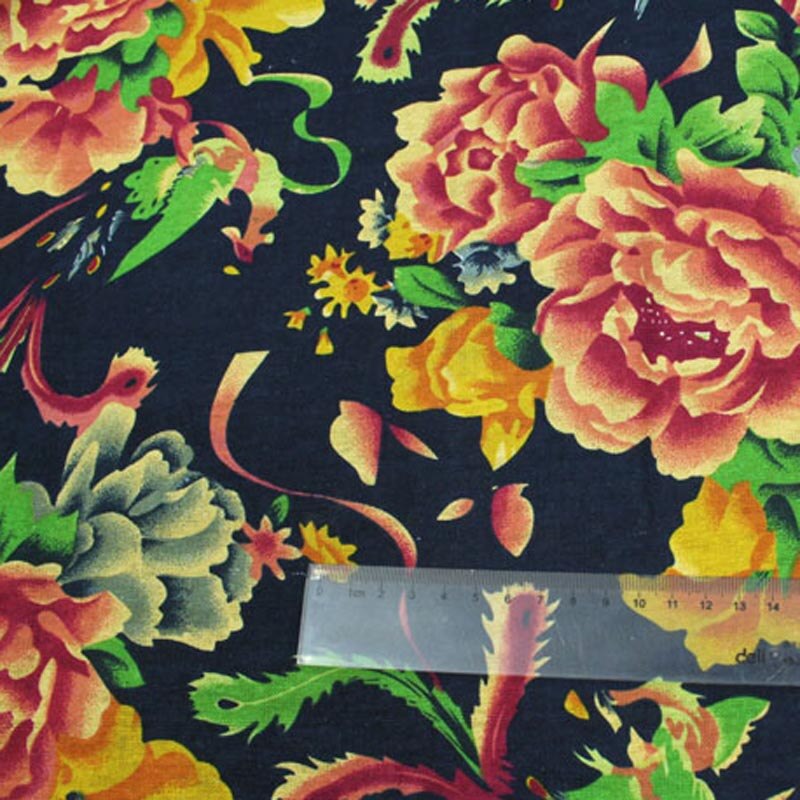 Tissu en coton/lin imprimé, fleur de pivoine Phoenix traditionnelle chinoise pour vêtements, textile de décoration patchwork: dark blue / 100x140cm