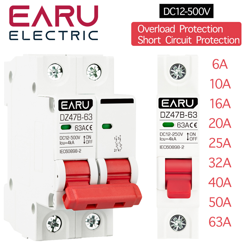 Dc12v 24v 48v 36v mcb accu auto beveiliging mini stroomonderbreker  dz47 dc positieve en negatieve pool beveiligingsschakelaar isolator