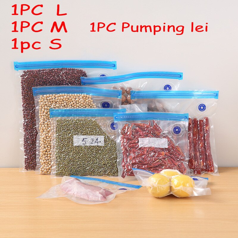 Bolsa de vacío comida al vacío, bolsa comprimida al vacío, organizador con bolsas de almacenamiento selladas transparentes, bolsas reutilizables para congelador, almacenamiento de cocina, 4 Uds.: L M S Pumping lei