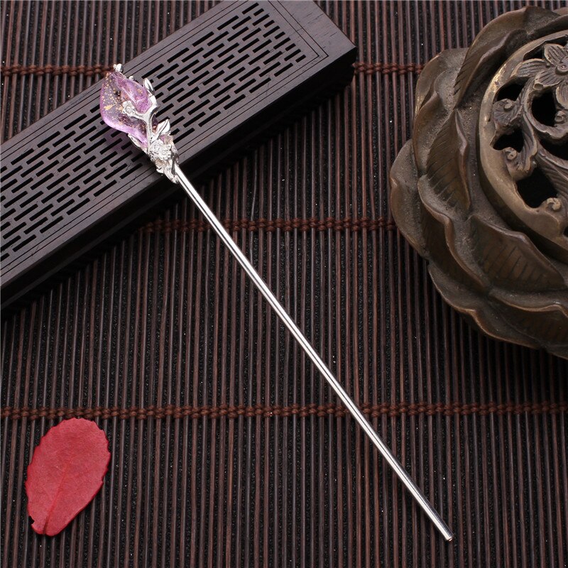Moda chinês tradicional liga de metal vara de cabelo do vintage flor grampos de cabelo grampos para o cabelo feminino jóias acessórios presentes: Silver Purple