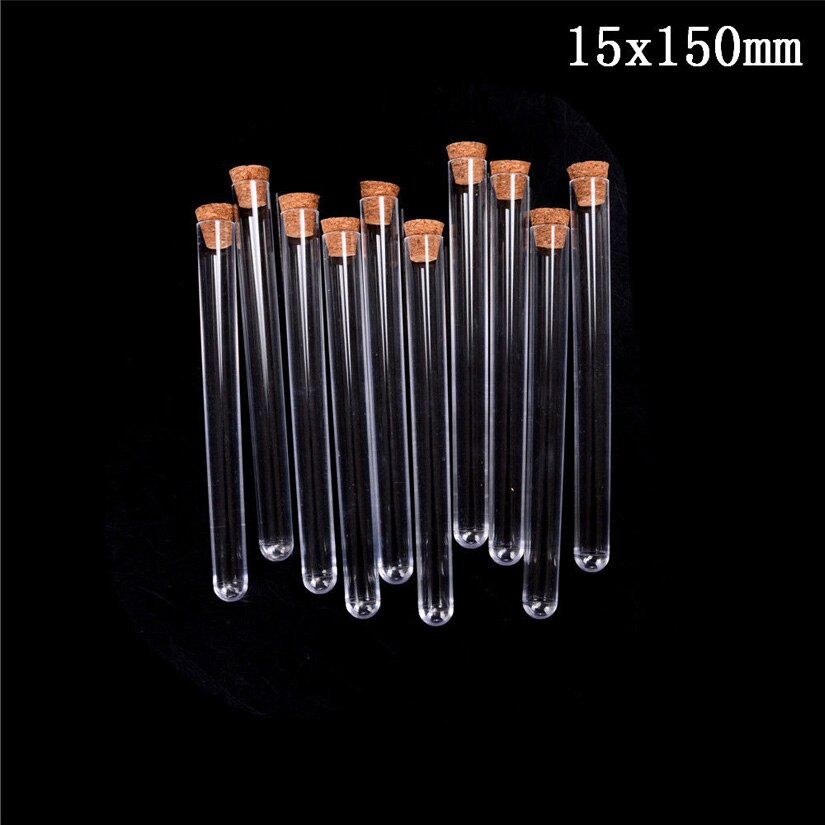 100 Uds 15 ml/20 ml tubo de ensayo de plástico con frasco con tapón de corcho botellas de muestra objetos caseros frascos para almacenar alimentos envase de caramelos: 150x15mm 15ml