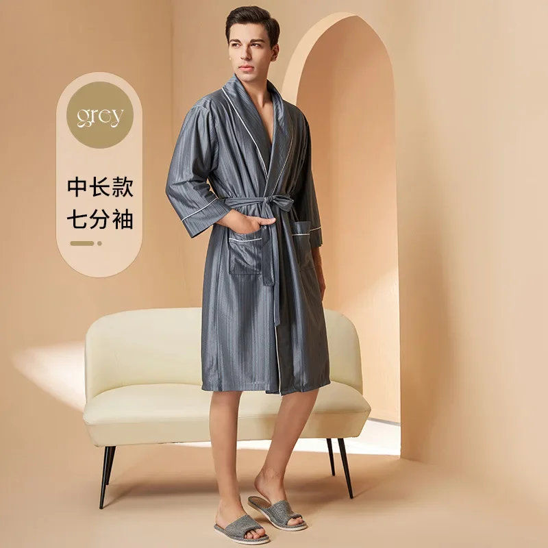 Bata de satén sedoso para parejas, ropa de dormir con estampado de rayas, Kimono, albornoz, ropa de casa holgada, ropa de dormir para primavera y verano: M / Verde militar