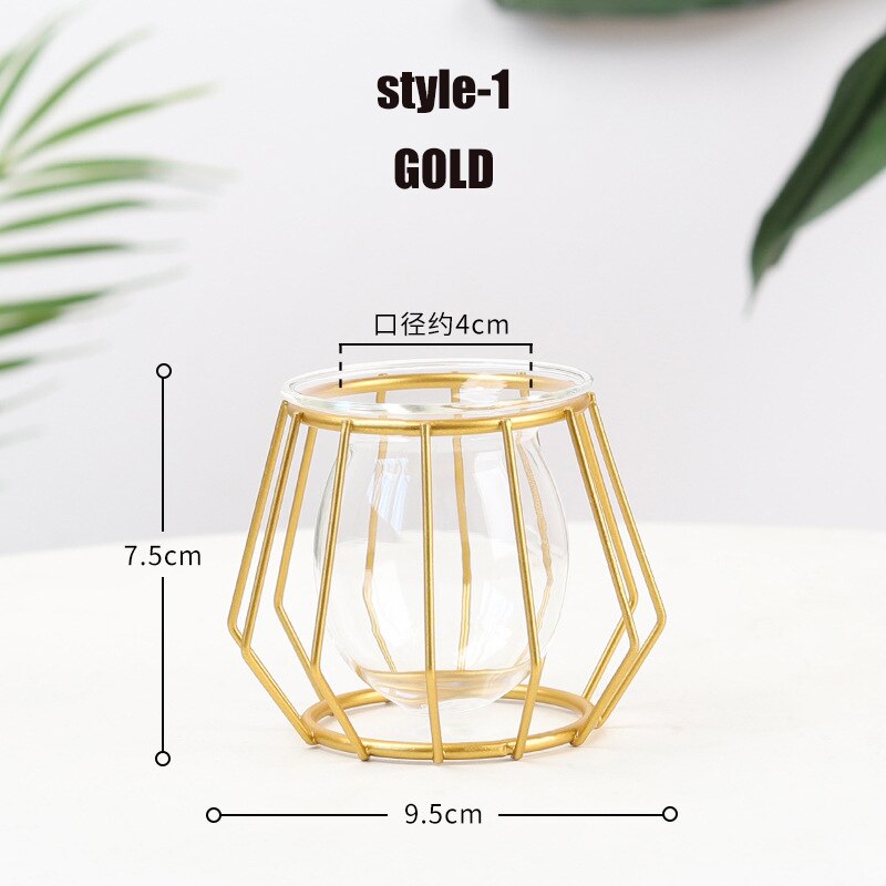 Terrario florero de vidrio dorado nórdico, florero de línea de hierro geométrico hidropónico para plantas, soporte de Metal para plantas, decoración moderna para el hogar: style-1 Gold