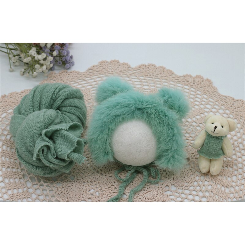 3 Stks/set Pasgeboren Photo Props Infant Fotografie Wraps Gebreide Baby Jongens Meisjes Faux Fur Hoed Sterke Stretch Deken Poseren Schieten: green