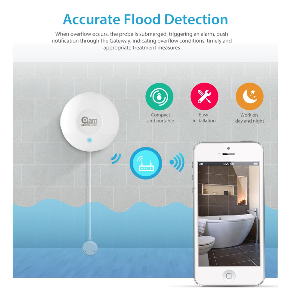 Sensor de inundación NEO COOLCAM NAS-WS02Z z-wave Compatible con sistema de ondas Z serie 300 y Serie 500 domótica