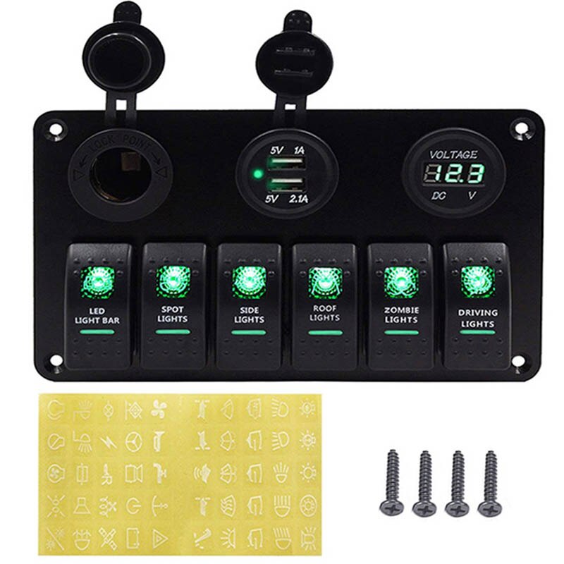 6/8 Gang interrupteur à bascule panneau pour voiture bateau RV Marine camion fusible panneaux étanche voltmètre numérique double USB chargeur Ports DC 12V: Green 6 Gang Switch
