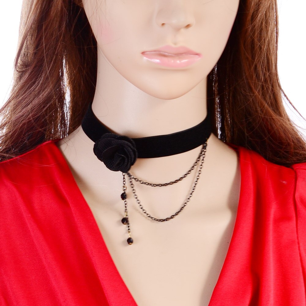 Classic Black Chain Vintage Gold Metal Bead Flower Pendant Gothic Lace Choker Necklace for Women Retro Statement Collar Jewelry: N3346