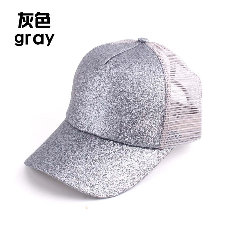 Summer Mesh Baseball Caps For Women Glitter Matte Ponytail Cap Shining Sequins Messy Bun Snapback Hip Hop Hat: silver