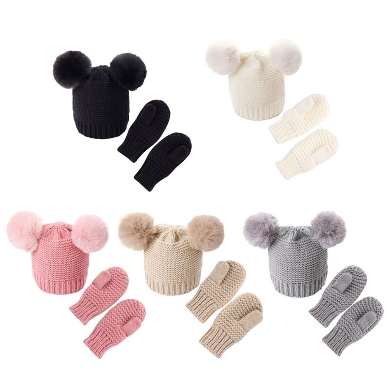 Unisex kinderen meisjes jongens baby baby winter warm gehaakt breien muts muts + wanten effen set baby handschoenen accessoires