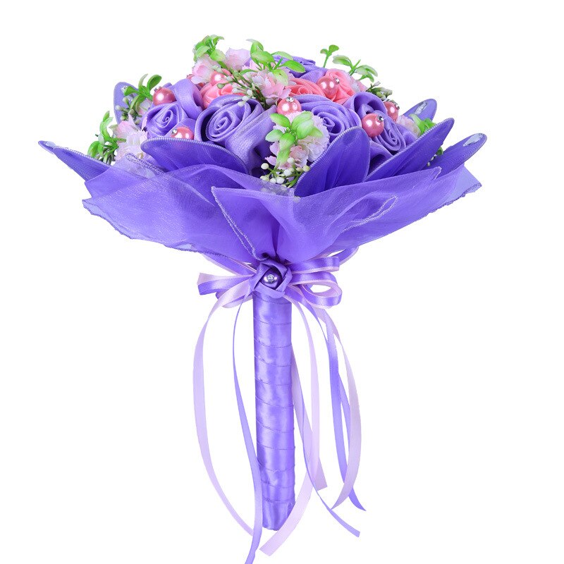 Romantische Bruiloft Boeket Met Lint en Kraal Kunstmatige Rose Bouquet Bridal Bloemen Bruiloft Decoratie boeket de mariage: Paars