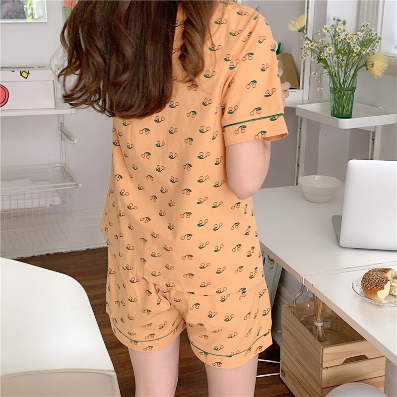 cute cherry summer pajamas set lapel collar blouses shorts 2 piece set women sleepwear home clothes cotton homewear ins Y530